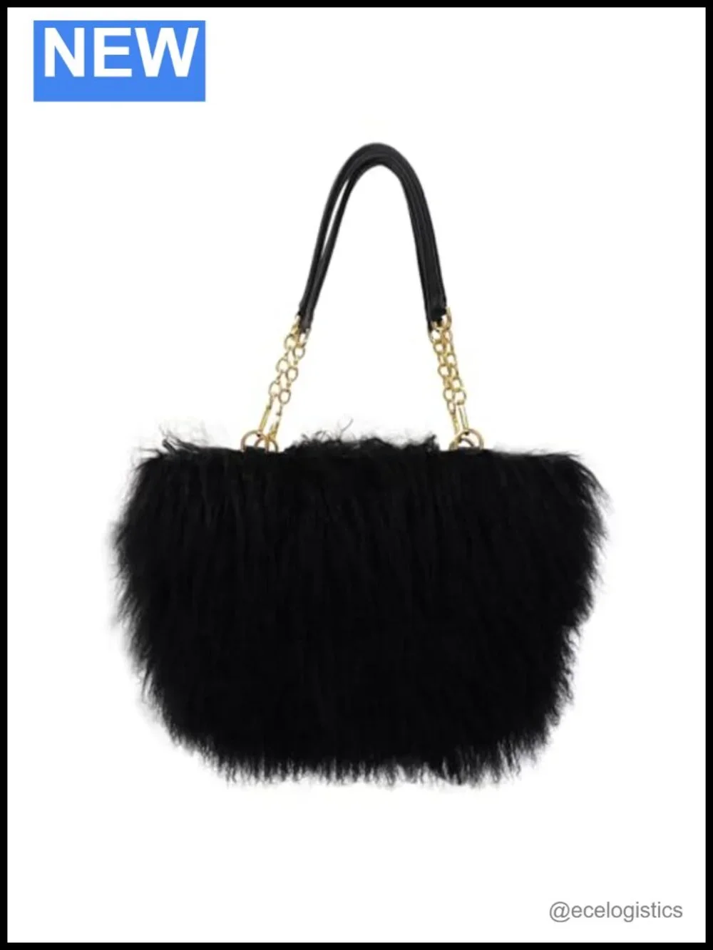 Genuine Mongolian Curly Lamb Fur Tote Bag with Leather Handles and Golden